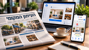 פרסום בעיתון מקומי בשילוב שיווק דיגיטלי – עיתון, סמארטפון ומחשב עם נתוני קמפיין